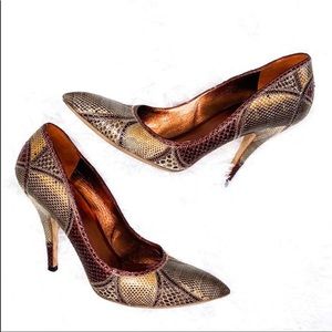 GUCCI Multi Color Patchwork Python Snakeskin Leather Stiletto Pumps 37/7
